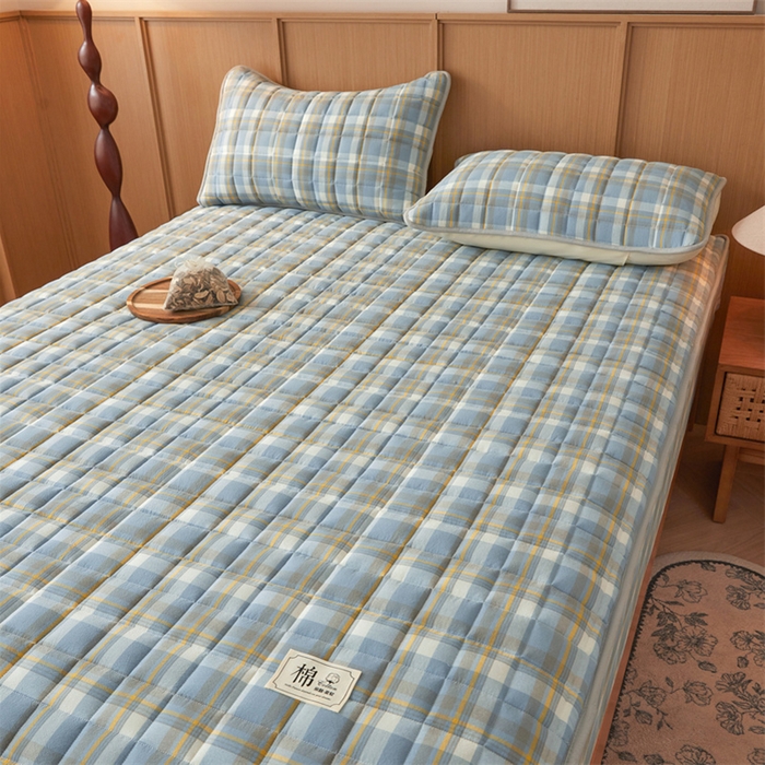 91家纺网 家纺一手货源 找家纺 伊人坊2025新款全棉色织水洗棉六面全包床笠床垫保护套无印风 单层床围-简兮蓝