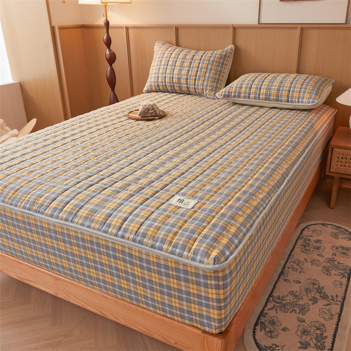 91家纺网 家纺一手货源 找家纺 伊人坊2025新款全棉色织水洗棉六面全包床笠床垫保护套无印风 单层床围-黄调格