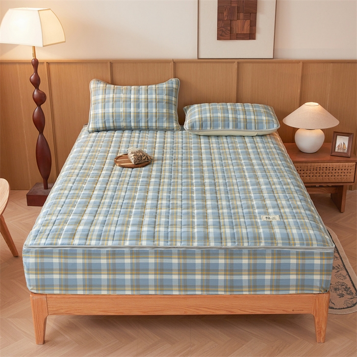 91家纺网 家纺一手货源 找家纺 伊人坊2025新款全棉色织水洗棉六面全包床笠床垫保护套无印风 单层床围-简兮蓝