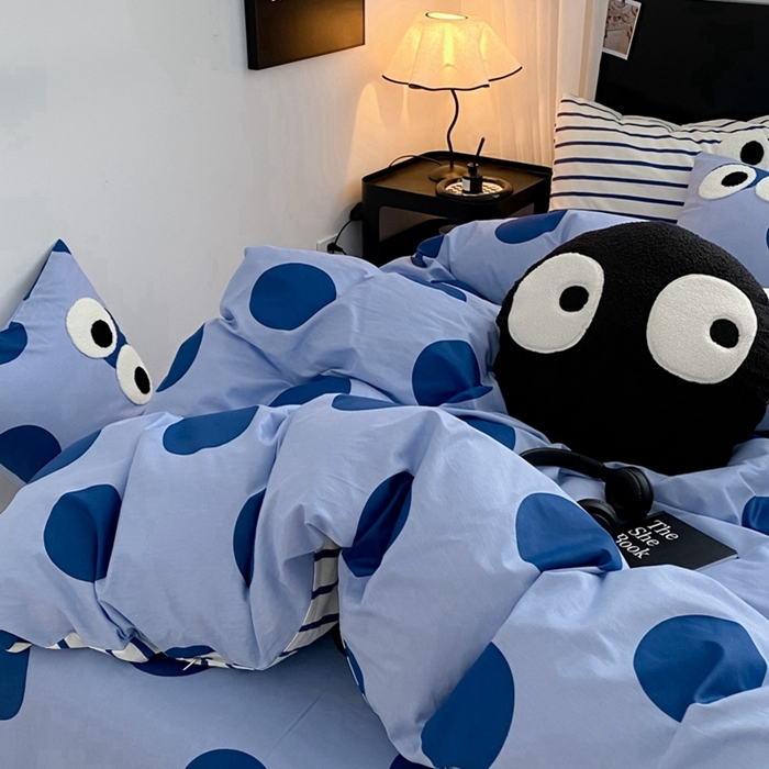 91家纺网 家纺一手货源 找家纺 吉象 2025新款大眼睛毛巾绣四件套 大眼睛-波点魅惑蓝