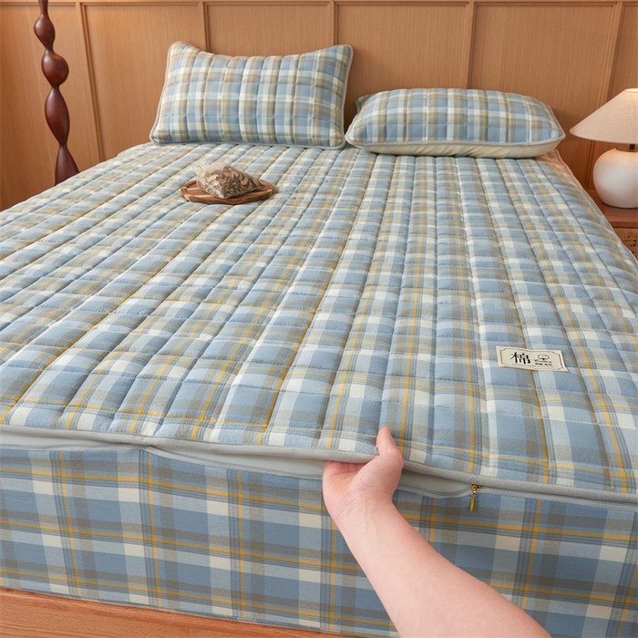 91家纺网 家纺一手货源 找家纺 伊人坊2025新款全棉色织水洗棉六面全包床笠床垫保护套无印风 单层床围-简兮蓝