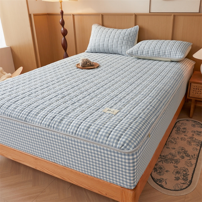 91家纺网 家纺一手货源 找家纺 伊人坊2025新款全棉色织水洗棉六面全包床笠床垫保护套无印风 单层床围-蓝小格