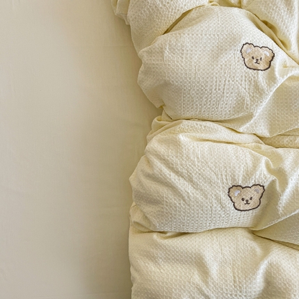 静家居 2025新款全棉纯棉华夫格北欧小熊刺绣四件套系列-风格二 北欧小熊-鹅黄