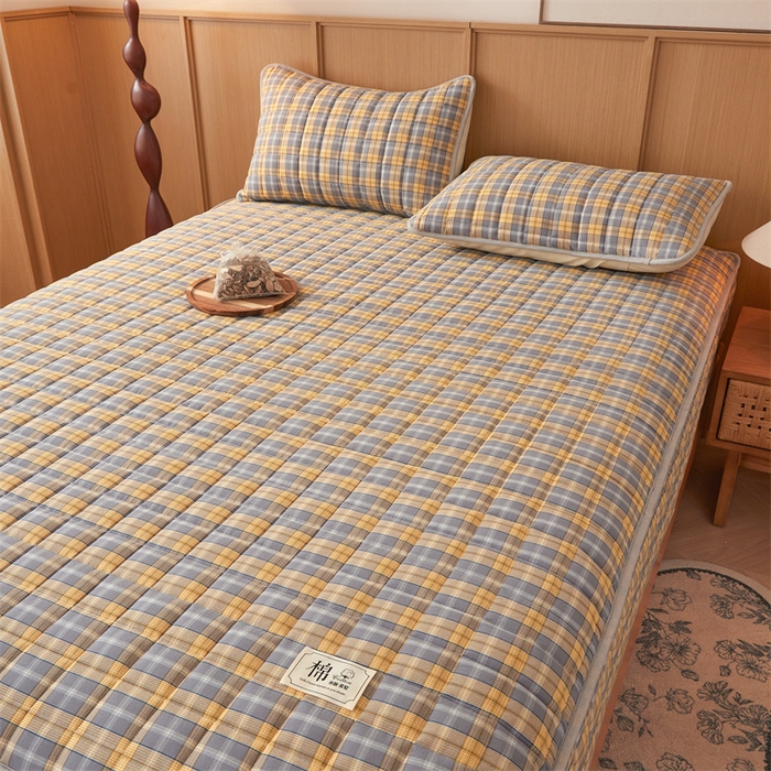 91家纺网 家纺一手货源 找家纺 伊人坊2025新款全棉色织水洗棉六面全包床笠床垫保护套无印风 夹棉床围-黄调格