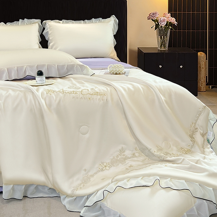 91家纺网 家纺一手货源 找家纺 梦舒羽 2025新款刺绣水洗真丝花边夏被四件套宿舍夏凉被床单枕套三件套-花韵花边款 花韵-紫（花边款）