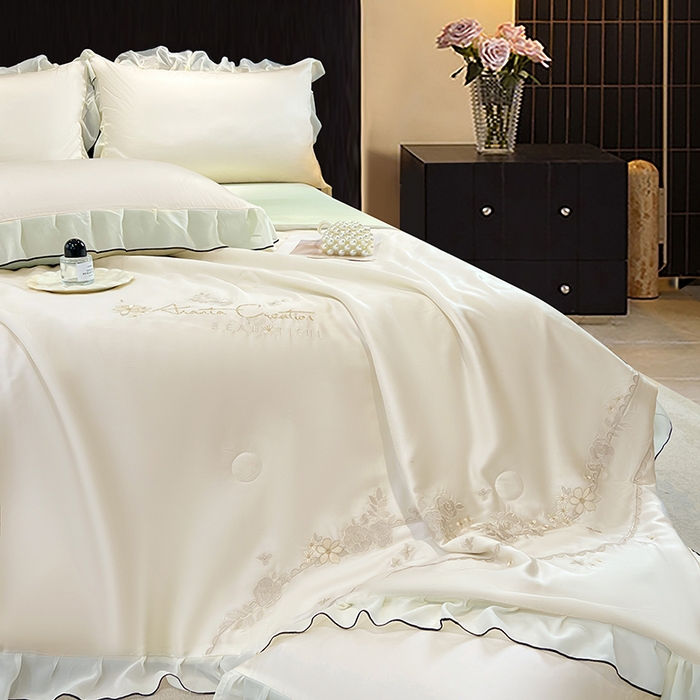 91家纺网 家纺一手货源 找家纺 梦舒羽 2025新款刺绣水洗真丝花边夏被四件套宿舍夏凉被床单枕套三件套-花韵花边款 花韵-绿（花边款）