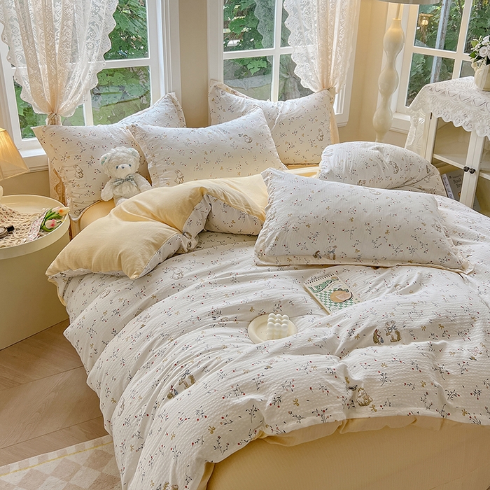 91家纺网 家纺一手货源 找家纺 壹号库 2025新款A类提花有氧彩竺绵四件套 田园小兔