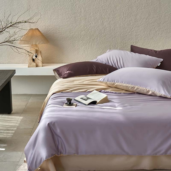 91家纺网 家纺一手货源 找家纺 咏绒家纺工厂店 2025新款60支奥地利兰精天丝纯色天丝棉四件套 紫缇（紫缇-小麦色）