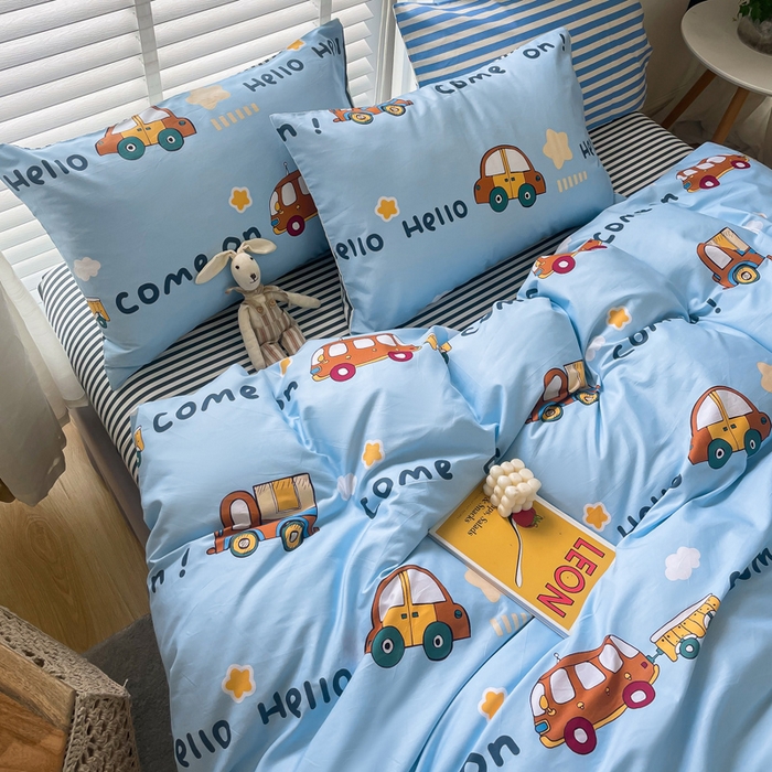 91家纺网 家纺一手货源 找家纺 吉象家纺13070全棉四件套纯棉四件套直播小清新男孩女宝宝巴士