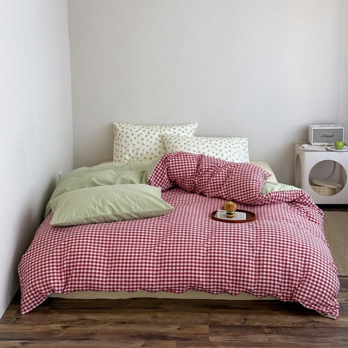 91家纺网 家纺一手货源 找家纺 （总）艾沁2025新款全棉色织水洗棉西瓜色撞色四件套