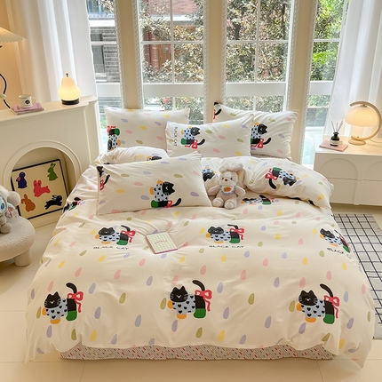 吉象家纺13070全棉四件套纯棉四件套直播小清新男孩女靴子猫