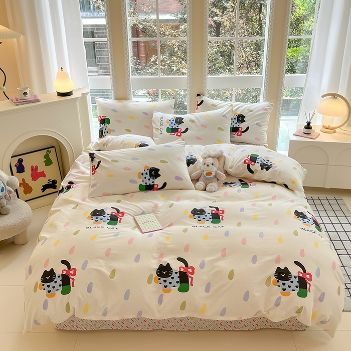 91家纺网 家纺一手货源 找家纺 吉象家纺13070全棉四件套纯棉四件套直播小清新男孩女靴子猫