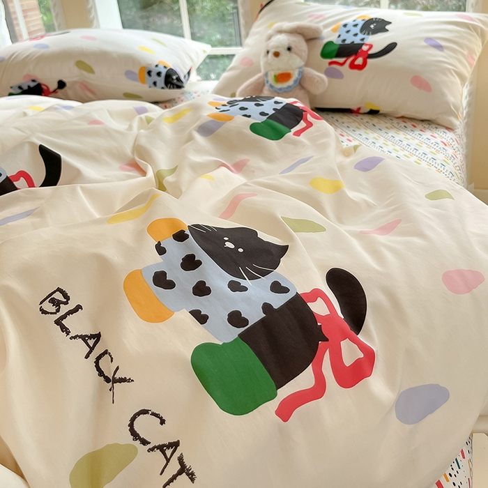 91家纺网 家纺一手货源 找家纺 吉象家纺13070全棉四件套纯棉四件套直播小清新男孩女靴子猫