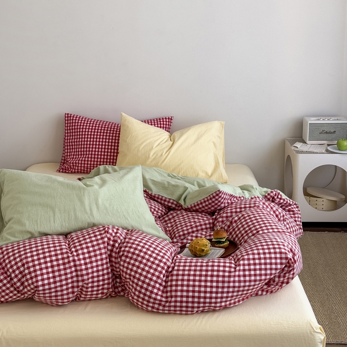 91家纺网 家纺一手货源 找家纺 （总）艾沁2025新款全棉色织水洗棉西瓜色撞色四件套