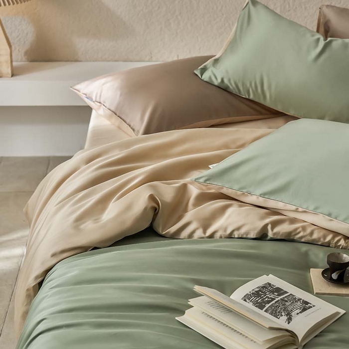 91家纺网 家纺一手货源 找家纺 咏绒家纺工厂店 2025新款60支奥地利兰精天丝纯色天丝棉四件套 兰苕（瓦松绿-小麦色）