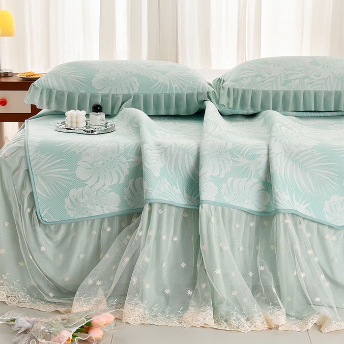 91家纺网 家纺一手货源 找家纺 家之硕家纺 2025春夏新款凉感提花凉席三件套-夏日清凉系列 夏日清凉---绿