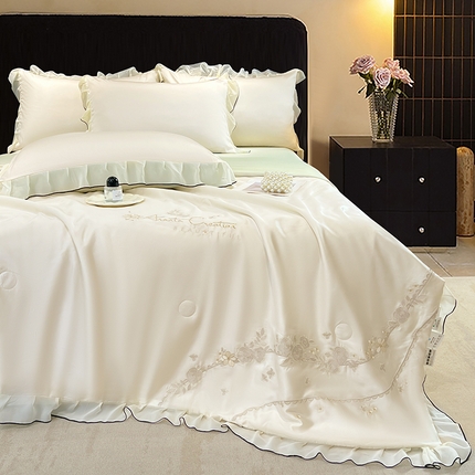 梦舒羽 2025新款刺绣水洗真丝花边夏被四件套宿舍夏凉被床单枕套三件套-花韵花边款 花韵-绿（花边款）