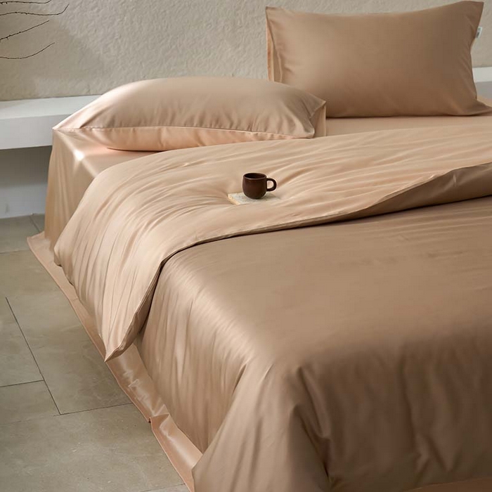 91家纺网 家纺一手货源 找家纺 咏绒家纺工厂店 2025新款60支奥地利兰精天丝纯色天丝棉四件套 茶棕（淡雅米-风衣米）