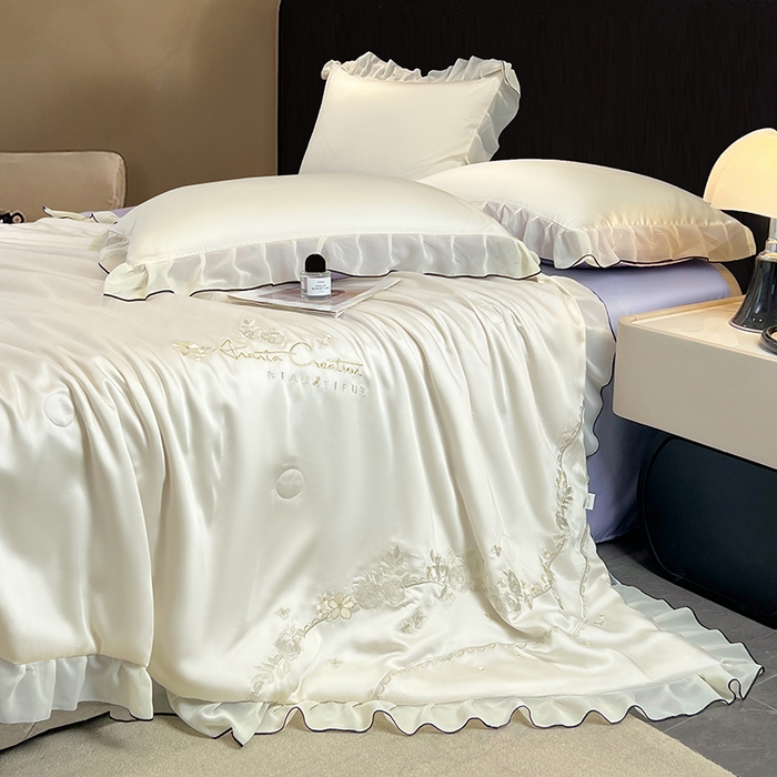 91家纺网 家纺一手货源 找家纺 梦舒羽 2025新款刺绣水洗真丝花边夏被四件套宿舍夏凉被床单枕套三件套-花韵花边款 花韵-紫（花边款）