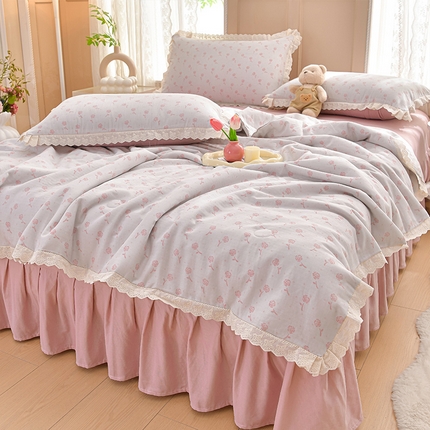 91家纺网 家纺一手货源 找家纺 （总）绘萱家居 2025新款100%全棉双层纱花边床裙款夏被四件套