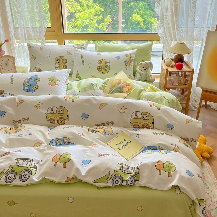 91家纺网 家纺一手货源 找家纺 吉象家纺13070全棉四件套纯棉四件套直播小清新男孩女工程车