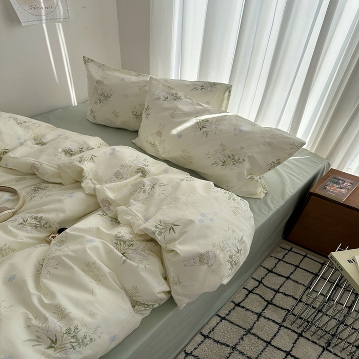 91家纺网 家纺一手货源 找家纺 尺素 2025新款全棉卡通可爱儿童四件套纯棉活性A类被套学生宿舍三件套1.8床笠双人床单 薄荷小兔