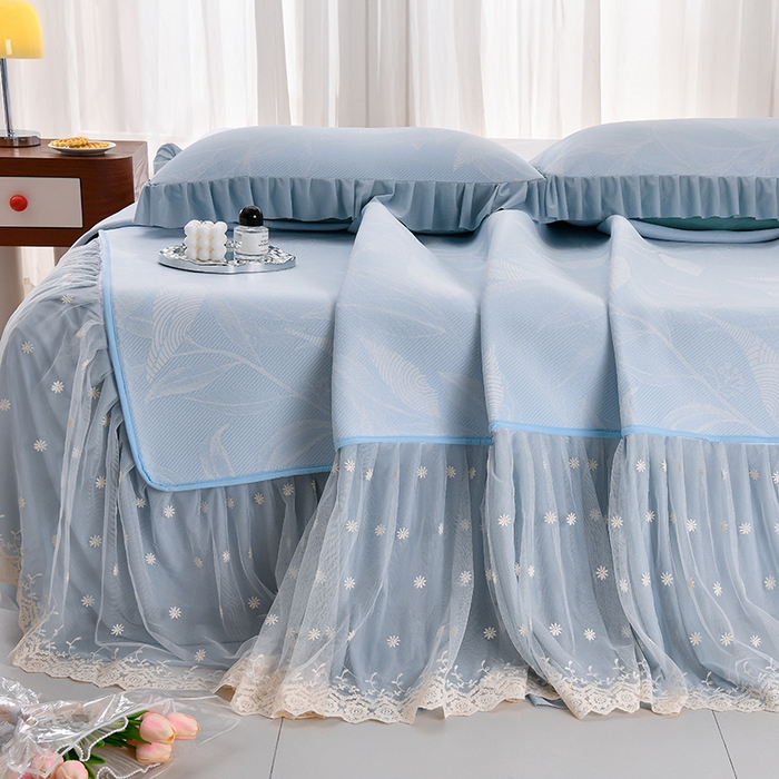 91家纺网 家纺一手货源 找家纺 家之硕家纺 2025春夏新款凉感提花凉席三件套-夏日清凉系列 夏日清凉---蓝