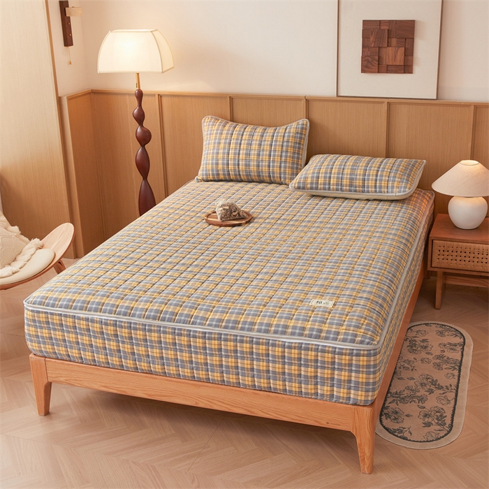 91家纺网 家纺一手货源 找家纺 伊人坊2025新款全棉色织水洗棉六面全包床笠床垫保护套无印风 夹棉床围-黄调格