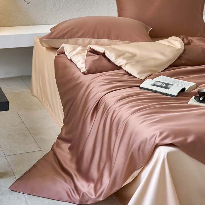 91家纺网 家纺一手货源 找家纺 咏绒家纺工厂店 2025新款60支奥地利兰精天丝纯色天丝棉四件套 古铜（红棕-风衣米）