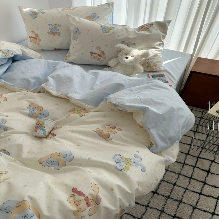 91家纺网 家纺一手货源 找家纺 尺素 2025新款全棉卡通可爱儿童四件套纯棉活性A类被套学生宿舍三件套1.8床笠双人床单 米团兔