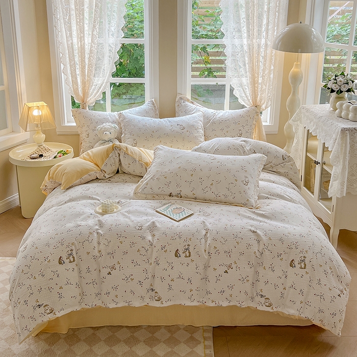 91家纺网 家纺一手货源 找家纺 壹号库 2025新款A类提花有氧彩竺绵四件套 田园小兔