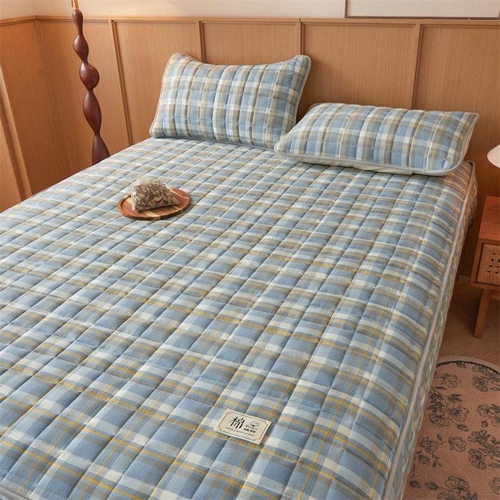 91家纺网 家纺一手货源 找家纺 伊人坊2025新款全棉色织水洗棉六面全包床笠床垫保护套无印风 夹棉床围-简兮蓝
