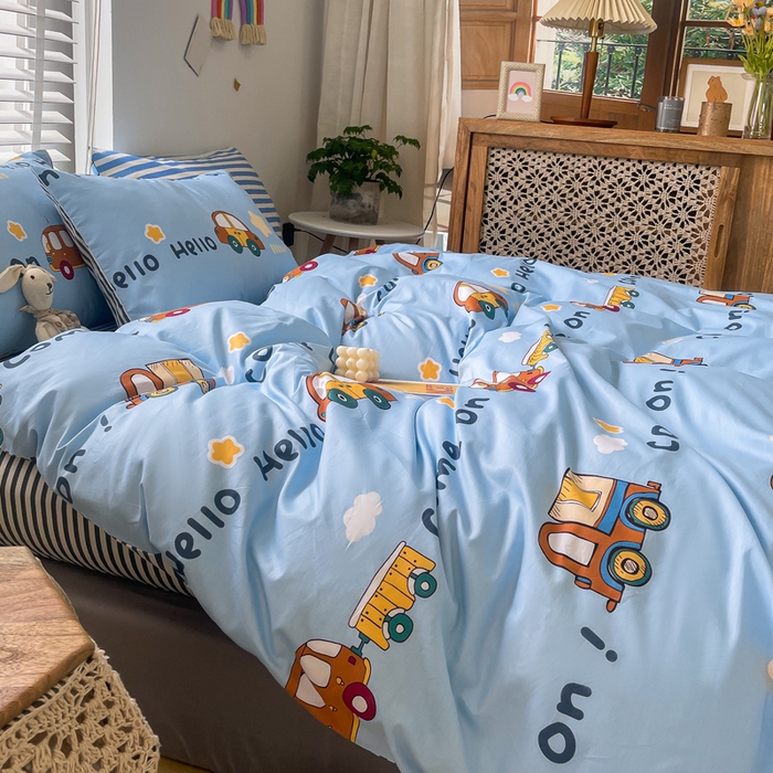 91家纺网 家纺一手货源 找家纺 吉象家纺13070全棉四件套纯棉四件套直播小清新男孩女宝宝巴士