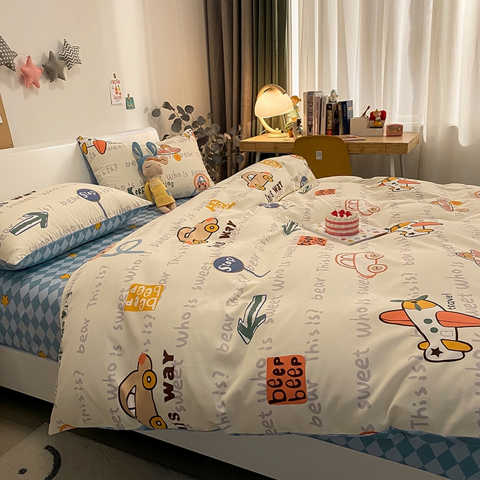 91家纺网 家纺一手货源 找家纺 吉象家纺13070全棉四件套纯棉四件套直播小清新男孩女汽车向导