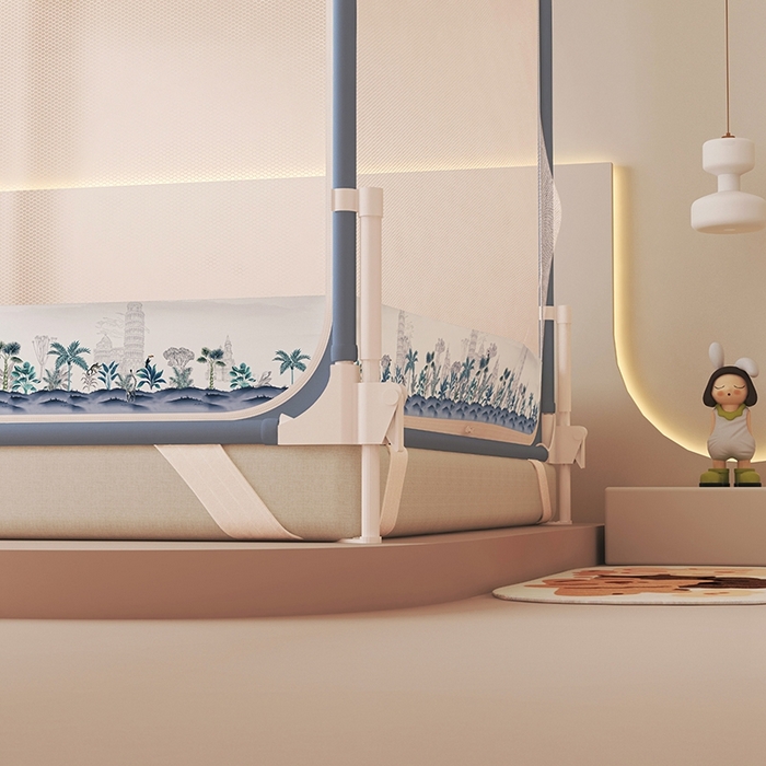 91家纺网 家纺一手货源 找家纺 迪凡保罗蚊帐 2025新款2508围栏级防摔数码印花坐床蚊帐 月光灰