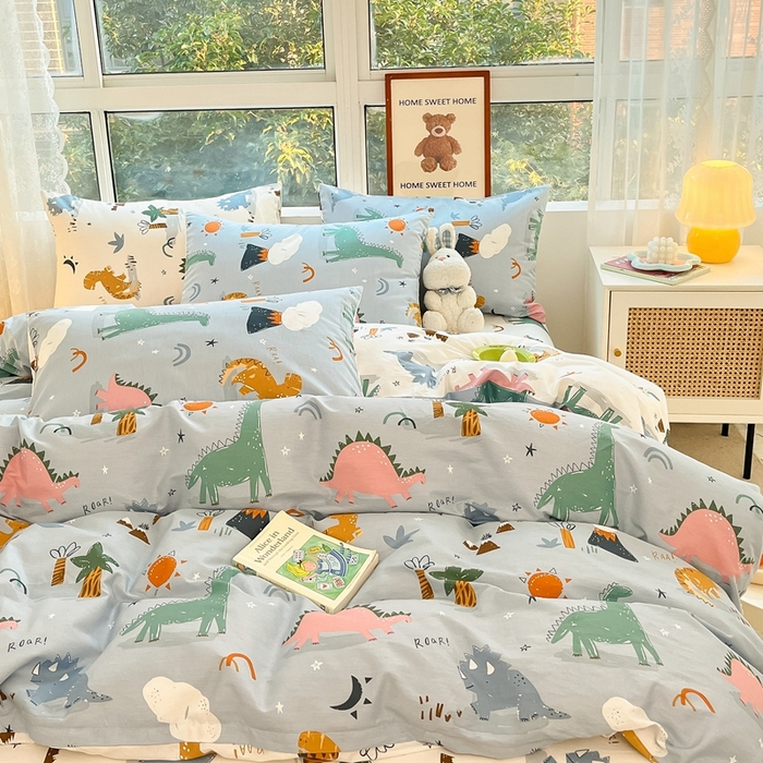 91家纺网 家纺一手货源 找家纺 吉象家纺13070全棉四件套纯棉四件套直播小清新男孩女恐龙乐园