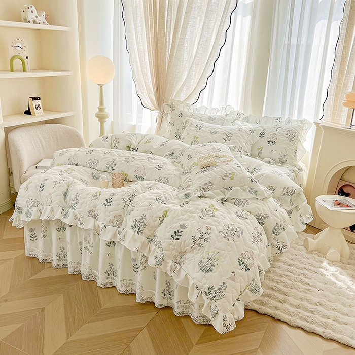 91家纺网 家纺一手货源 找家纺 宜凡家纺 2025新款糯糯棉全夹棉床笠式床裙三件套 花季浅吟