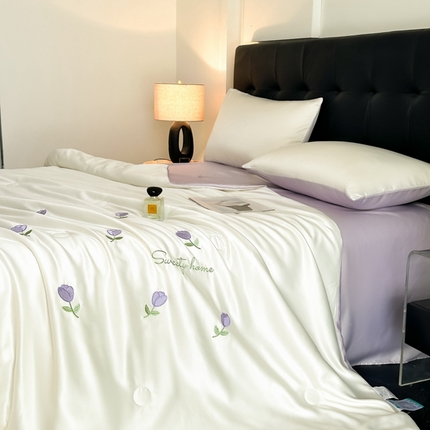绒世界 2025春夏水洗冰丝夏被四件套满绣系列 郁金香-奶白紫