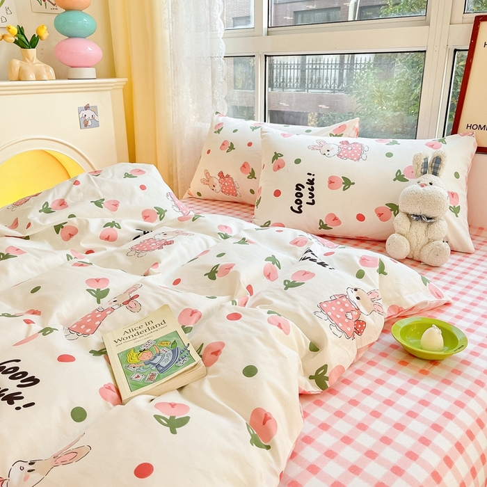 91家纺网 家纺一手货源 找家纺 吉象家纺13070全棉四件套纯棉四件套直播小清新男孩女郁金香粉兔