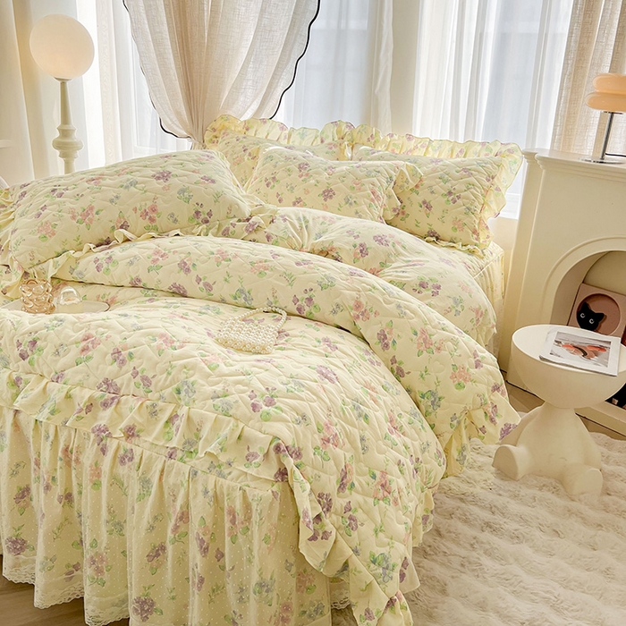 91家纺网 家纺一手货源 找家纺 宜凡家纺 2025新款糯糯棉全夹棉床笠式床裙四件套 漫花香