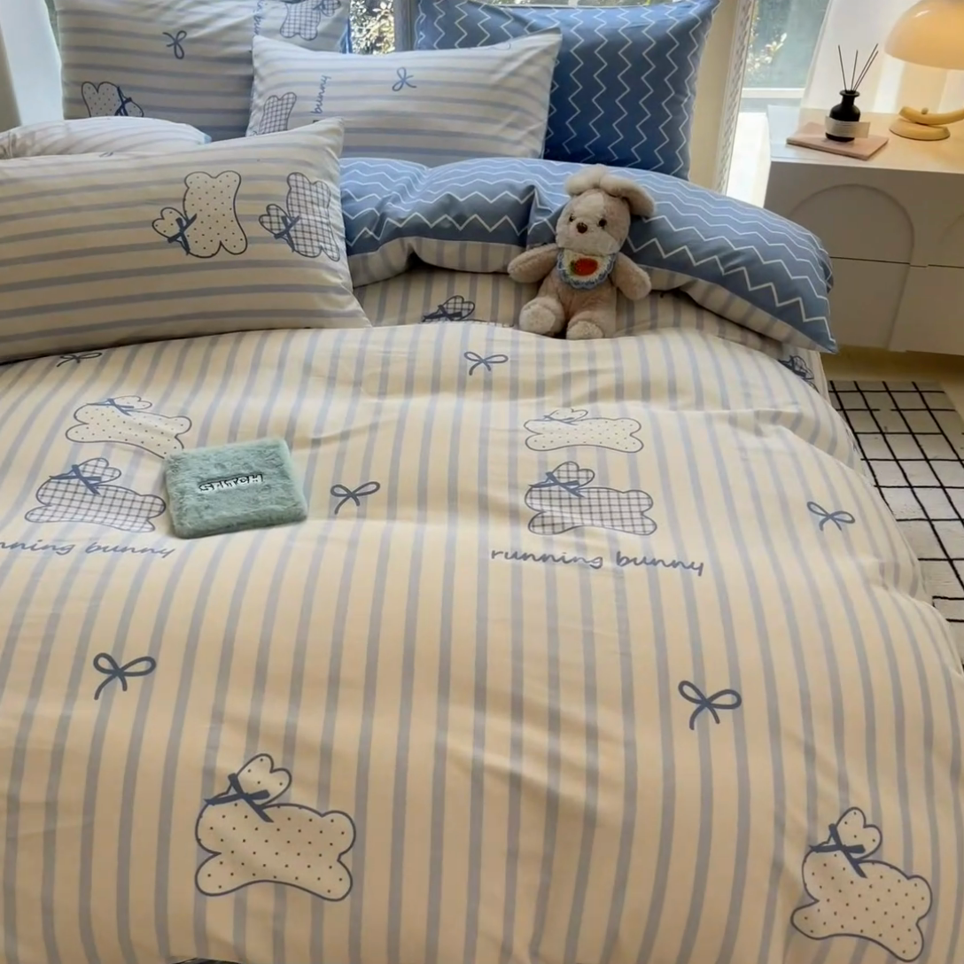 91家纺网 家纺一手货源 找家纺 吉象家纺13070全棉四件套纯棉四件套直播小清新男孩女奔跑兔