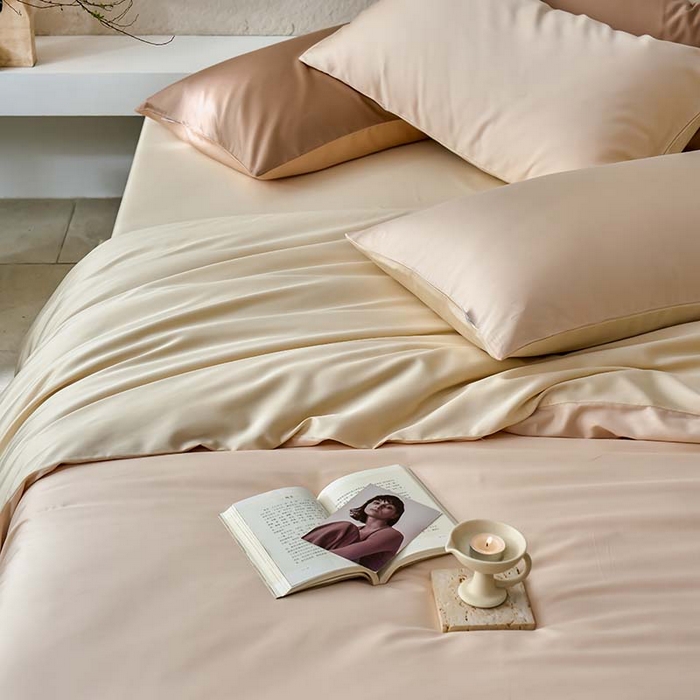 91家纺网 家纺一手货源 找家纺 咏绒家纺工厂店 2025新款60支奥地利兰精天丝纯色天丝棉四件套 可可（可可牛奶-优雅驼）