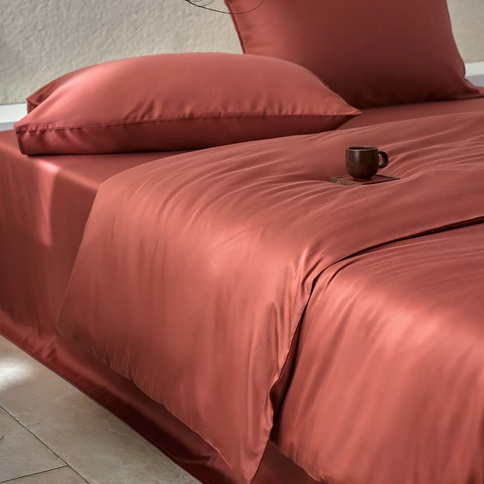 91家纺网 家纺一手货源 找家纺 咏绒家纺工厂店 2025新款60支奥地利兰精天丝纯色天丝棉四件套 朱砂红（酒红）