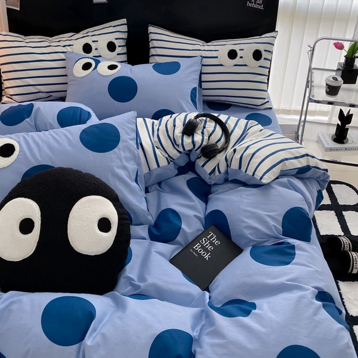 91家纺网 家纺一手货源 找家纺 吉象 2025新款大眼睛毛巾绣四件套 大眼睛-波点魅惑蓝