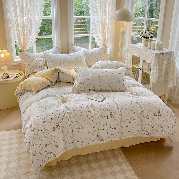 91家纺网 家纺一手货源 找家纺 壹号库 2025新款A类提花有氧彩竺绵四件套 田园小兔