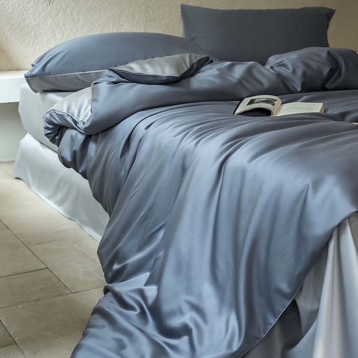91家纺网 家纺一手货源 找家纺 咏绒家纺工厂店 2025新款60支奥地利兰精天丝纯色天丝棉四件套 菘蓝（暮色灰紫-朦胧灰）