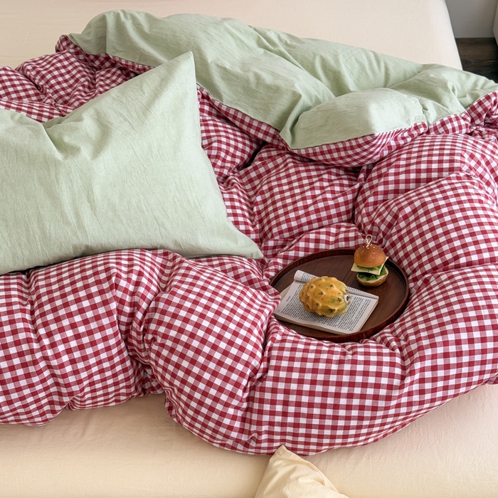 91家纺网 家纺一手货源 找家纺 （总）艾沁2025新款全棉色织水洗棉西瓜色撞色四件套