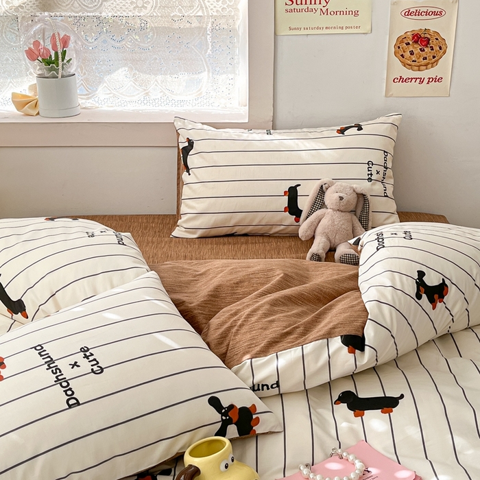 91家纺网 家纺一手货源 找家纺 吉象家纺13070全棉四件套纯棉四件套直播小清新男孩女腊肠犬