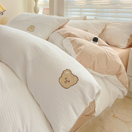 静家居 2025新款全棉纯棉华夫格北欧小熊刺绣四件套系列-风格一 北欧小熊-白咖