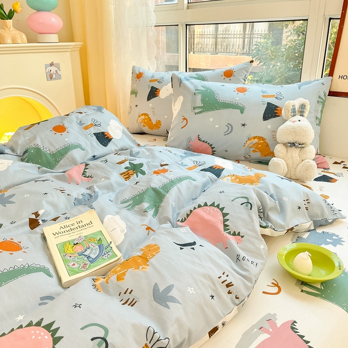 91家纺网 家纺一手货源 找家纺 吉象家纺13070全棉四件套纯棉四件套直播小清新男孩女恐龙乐园